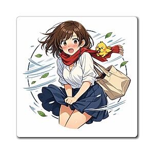 Thicc Ecchi Anime Girl Fridge Magnet — Cute Schoolgirl with Scarf & Chick
